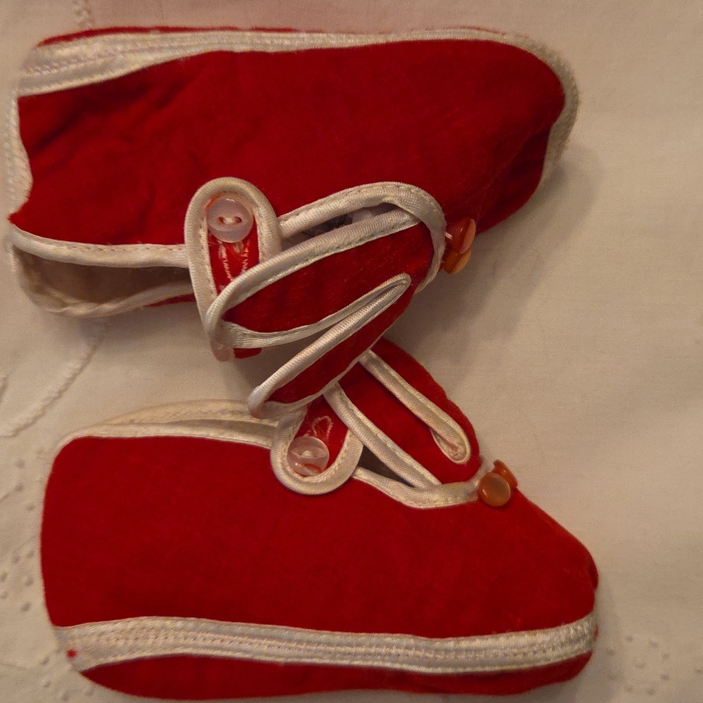 Baby Shoes Size 1 Vintage Red Velvet With Bunny Ears